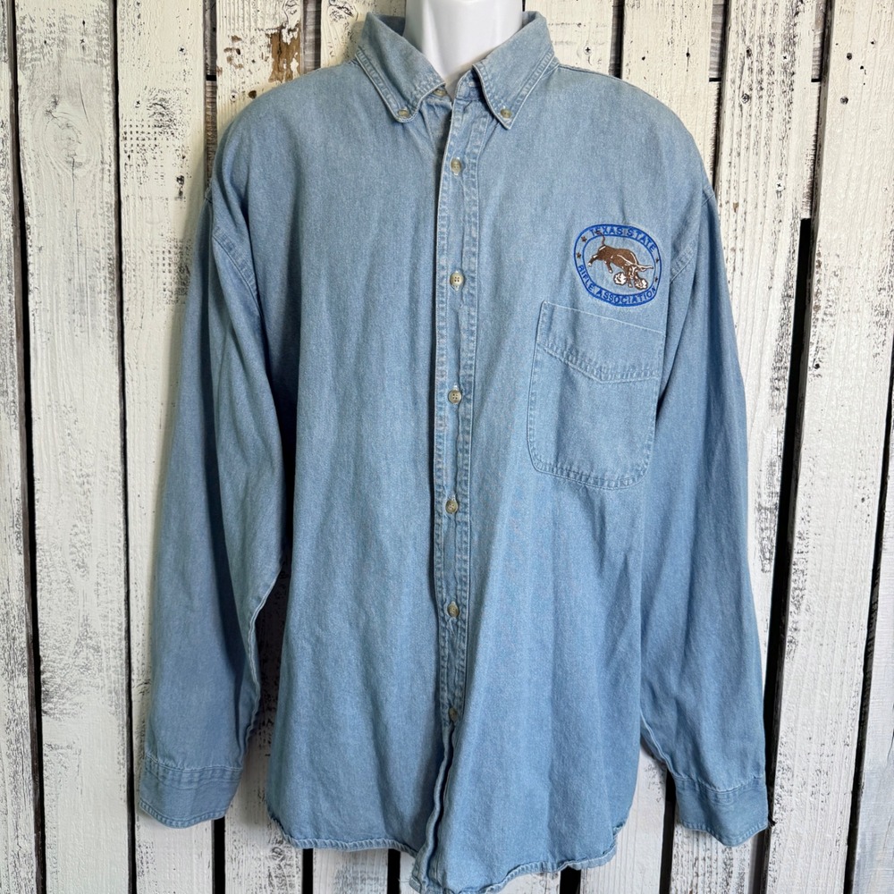 VTG Blue Generation Mens 2XL Denim Shirt Texas State Rifle Association TSRA Blue